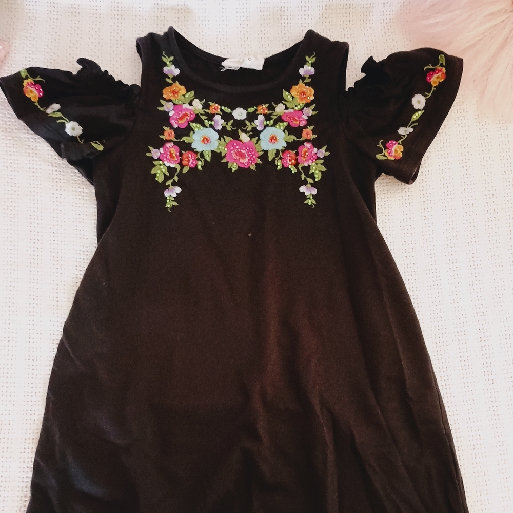 Floral Embroidered Fold Shoulder Kids Dress